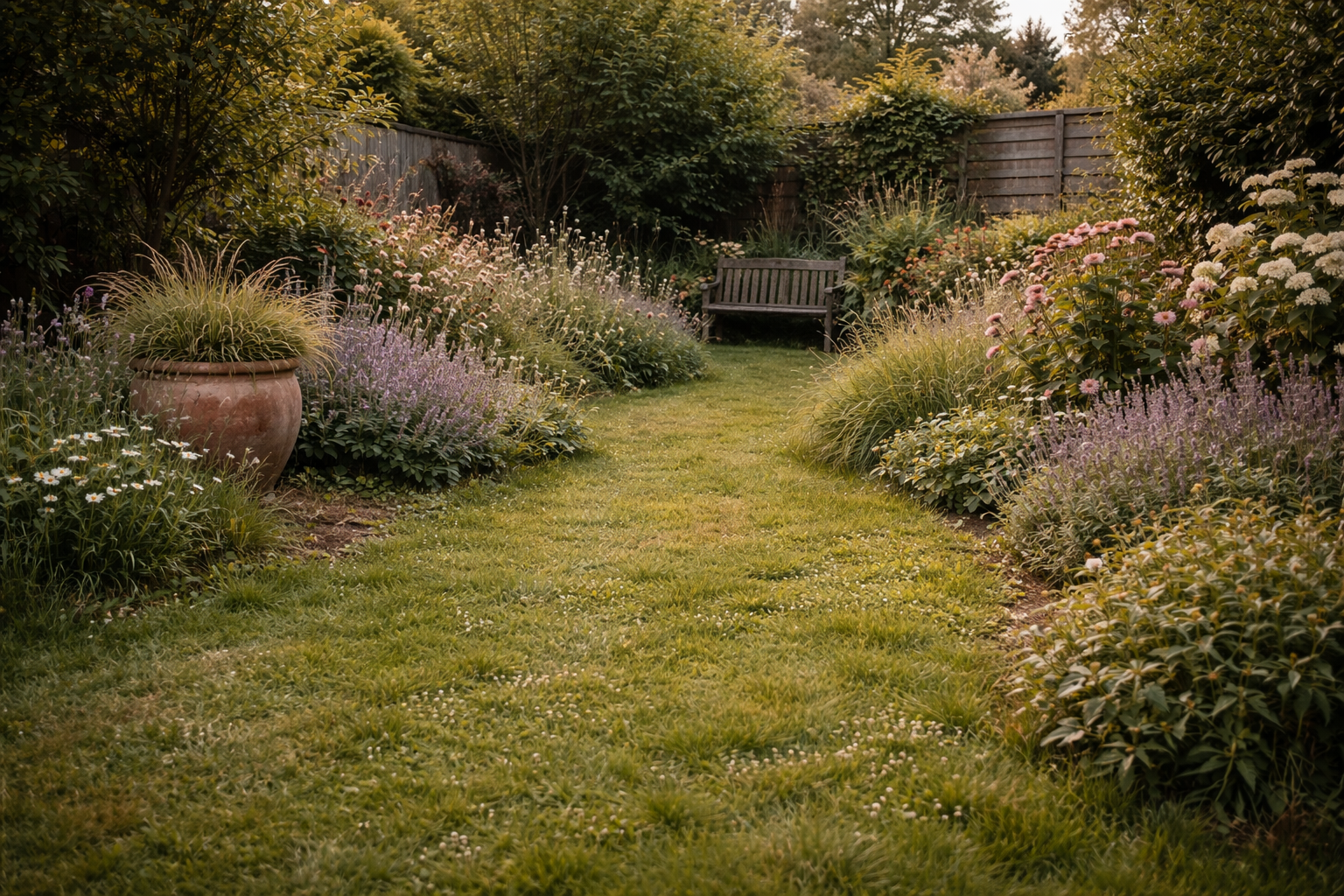 Modest English suburban garden with slightly uncut lawn and natural planting supporting pollinators