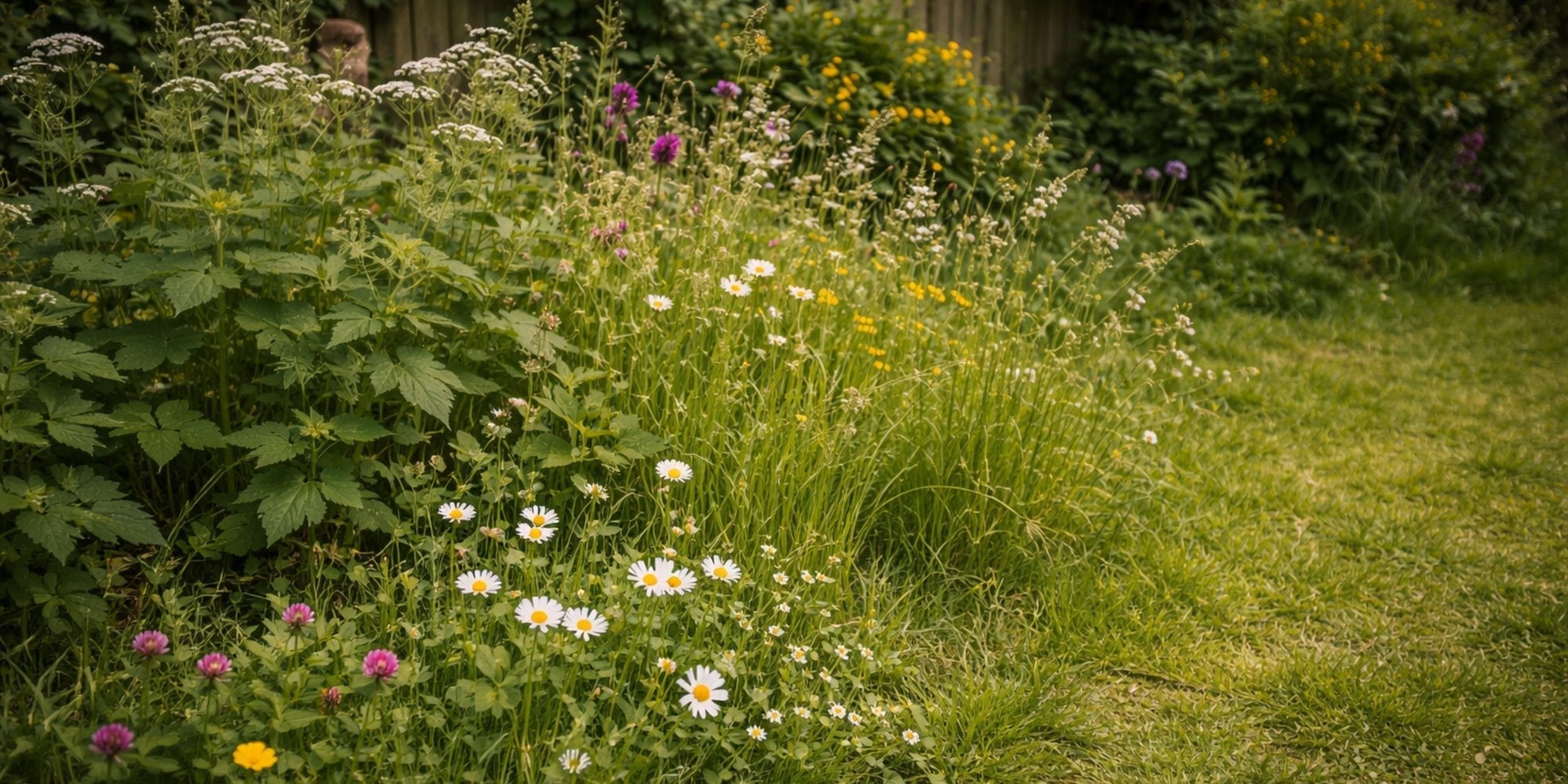 Natural English garden with wildflowers and soft lawn edges supporting pollinators and wildlife