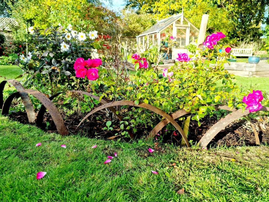 Garden scene with flowers and old wheels, featuring a greenhouse in the background.
