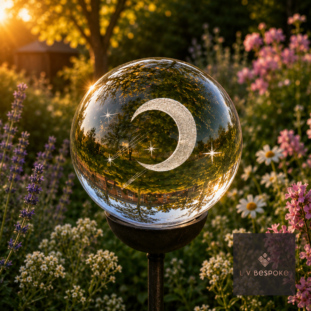 3D Crystal Orb Garden Stake Half Moon - English Country Gardens