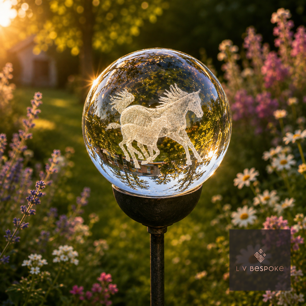 3D Crystal Orb Garden Stake Horses - English Country Gardens