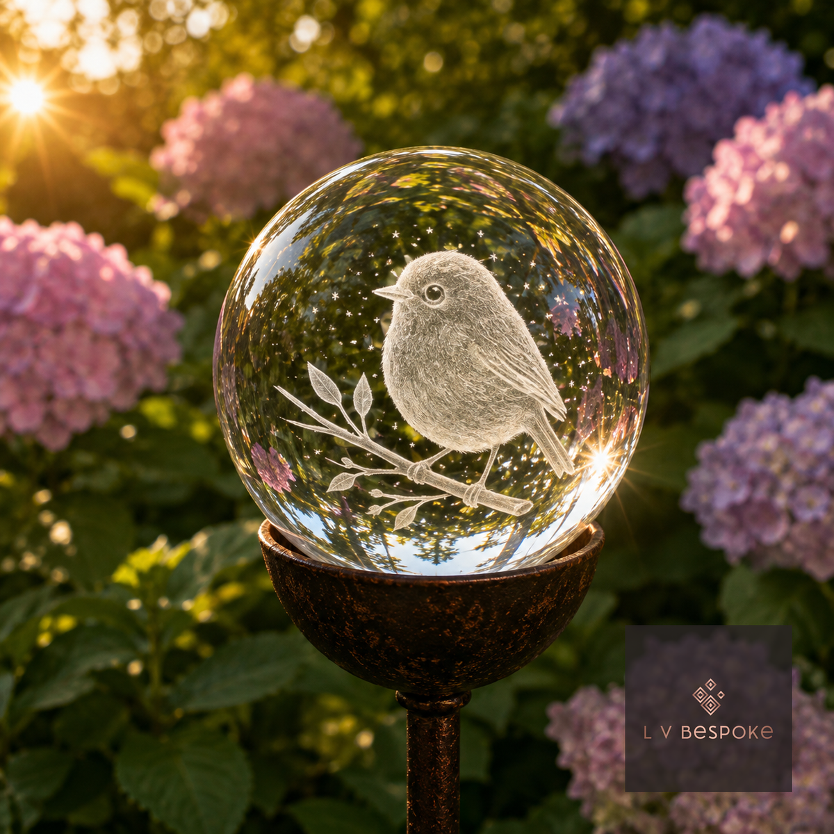 3D Crystal Orb Garden Stake Robin - English Country Gardens