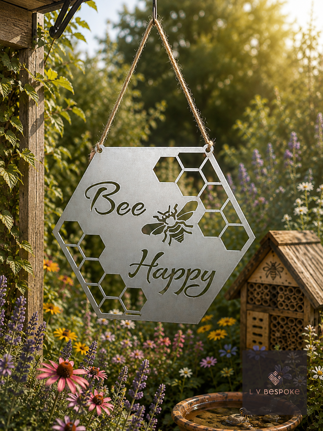 Butterfly and Bee Garden Wall Art Bee Happy Hanging Sign - English Country Gardens