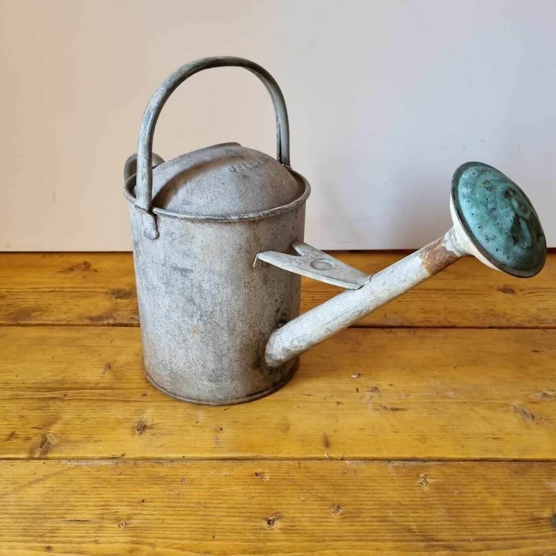 Vintage-style metal watering can on a wooden surface with a plain background