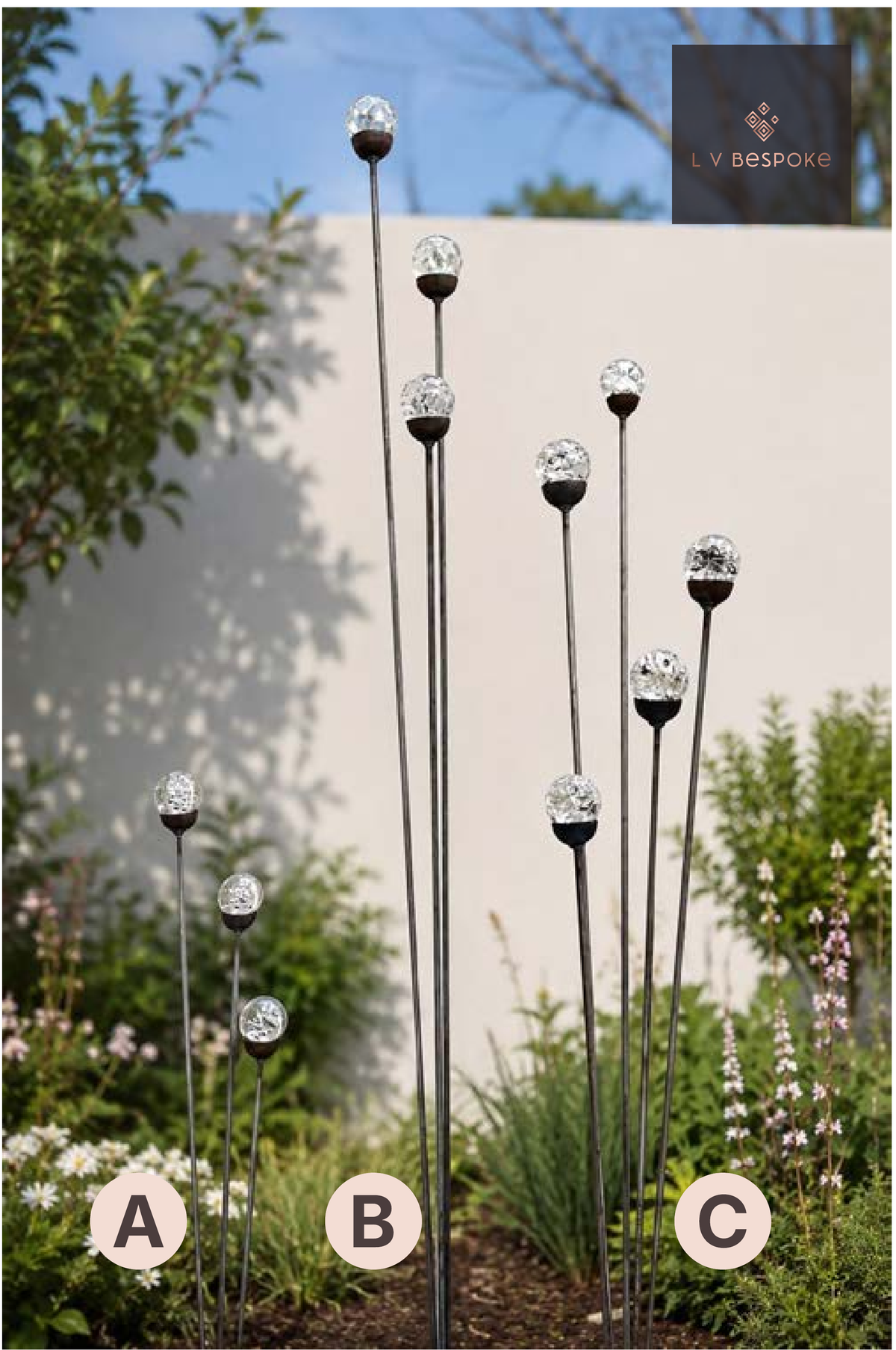 Cluster of 3 Glass Orb Garden Stakes - English Country Gardens
