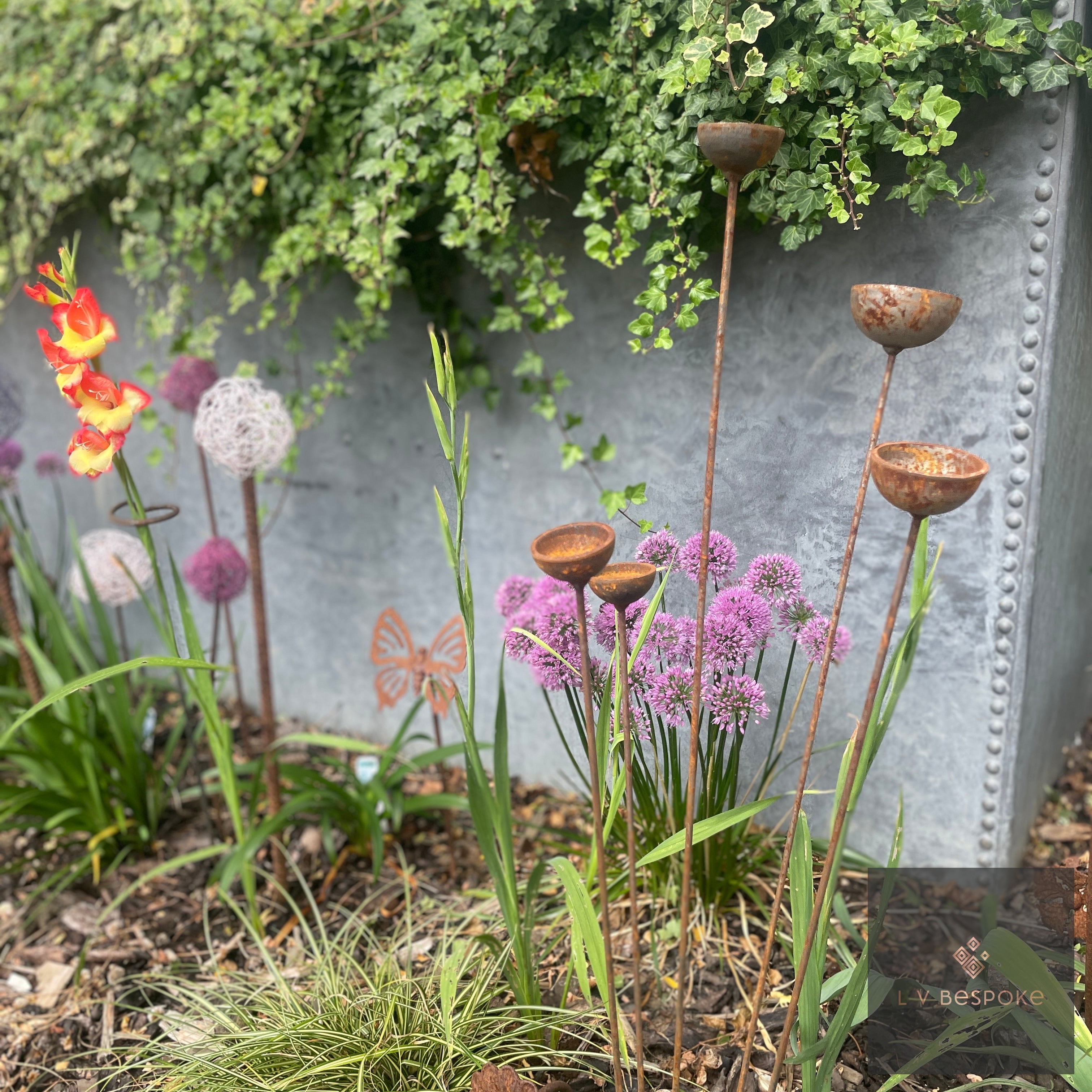 Cluster of 5 Steel Cups or Balls | Garden Feature Sculpture Cups, Small - English Country Gardens