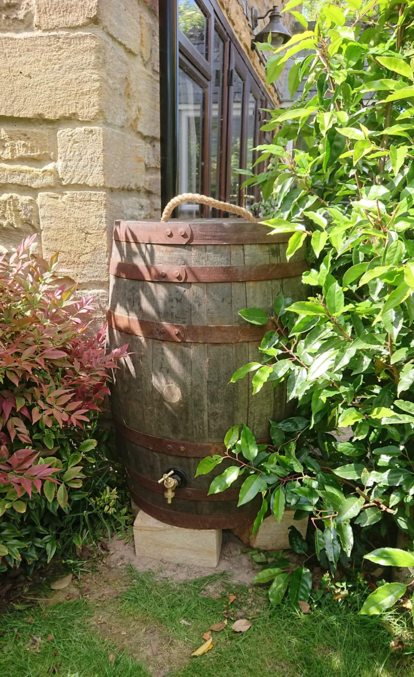 Wooden barrel with a strap against a stone wall and greenery