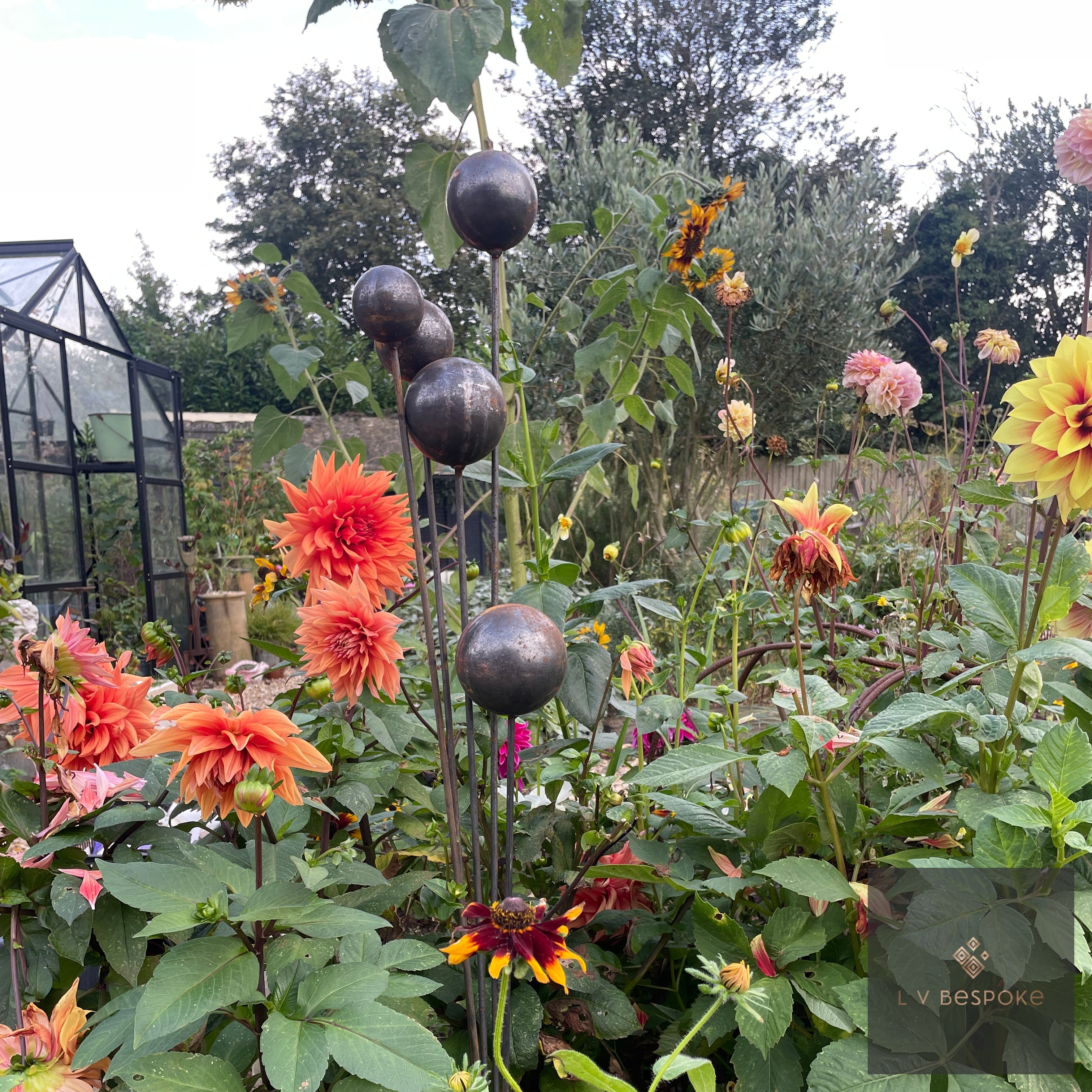 Cluster of 5 Steel Cups or Balls | Garden Feature Sculpture Balls, Large - English Country Gardens