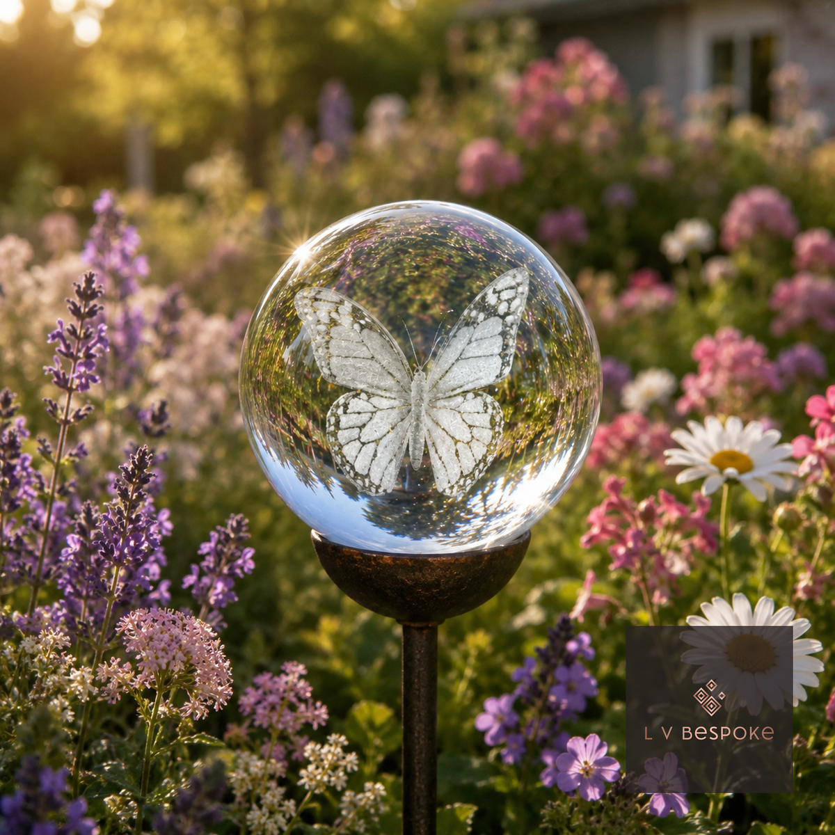 3D Crystal Orb Garden Stake Butterfly 2 - English Country Gardens