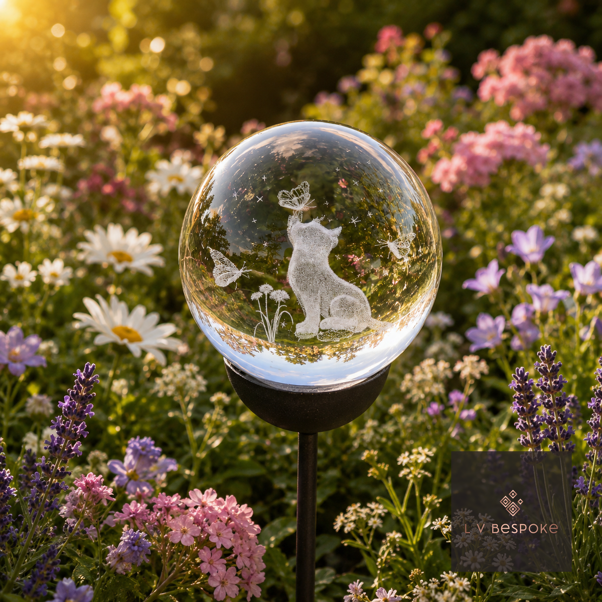3D Crystal Orb Garden Stake Cat - English Country Gardens