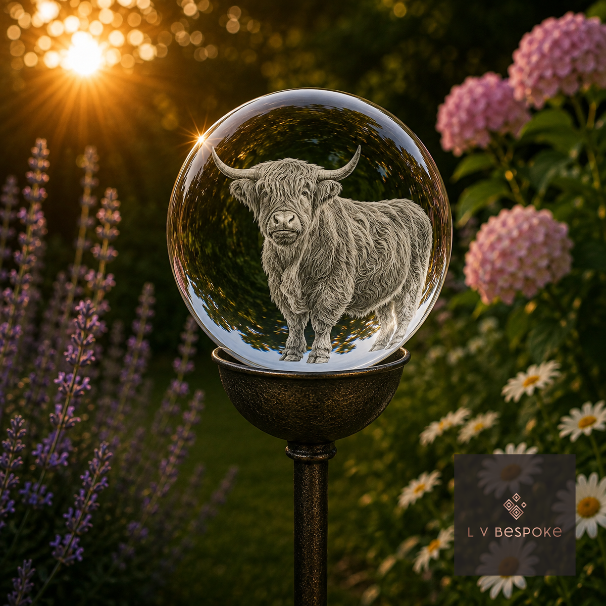 3D Crystal Orb Garden Stake Highland Cow Full - English Country Gardens