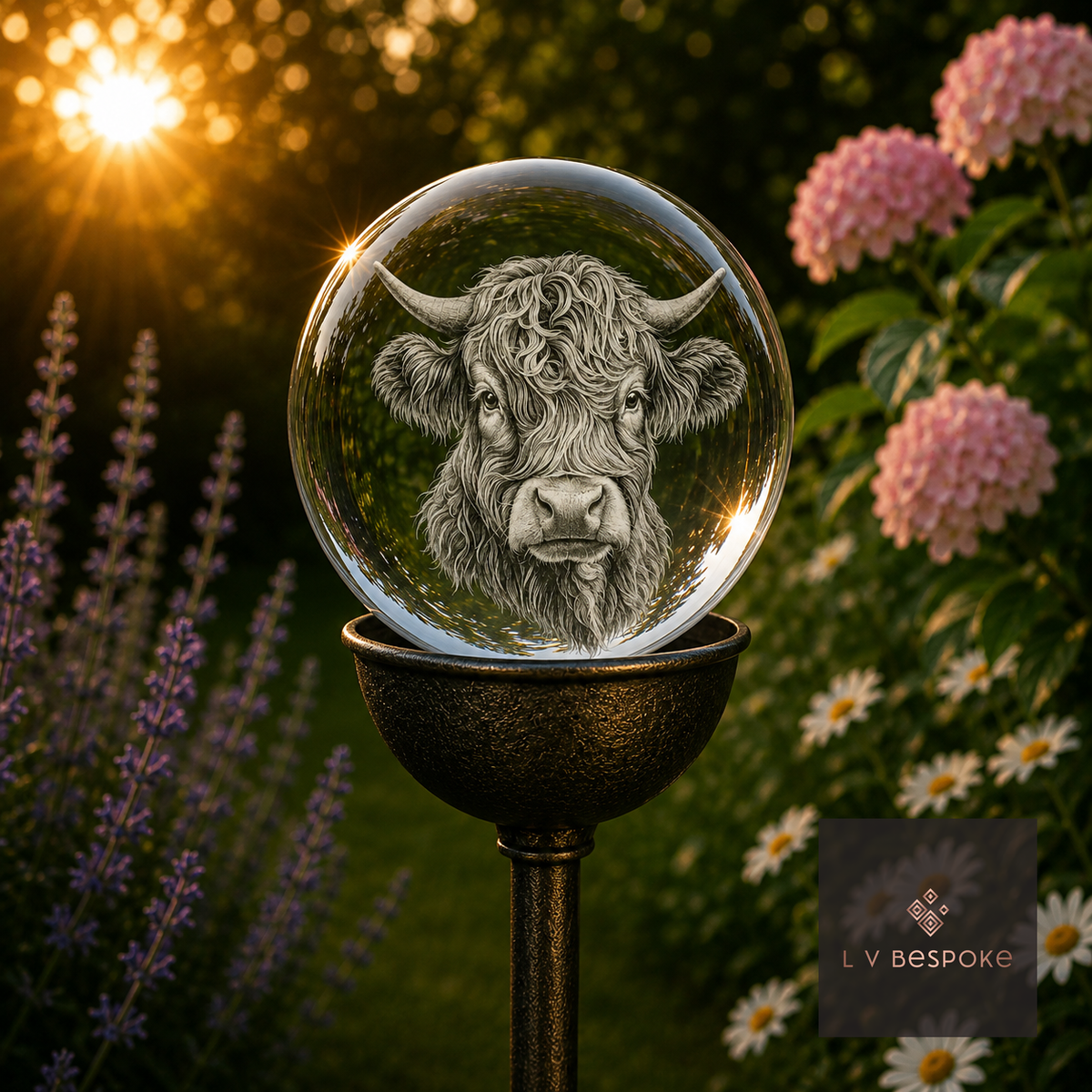 3D Crystal Orb Garden Stake Highland Cow Head - English Country Gardens