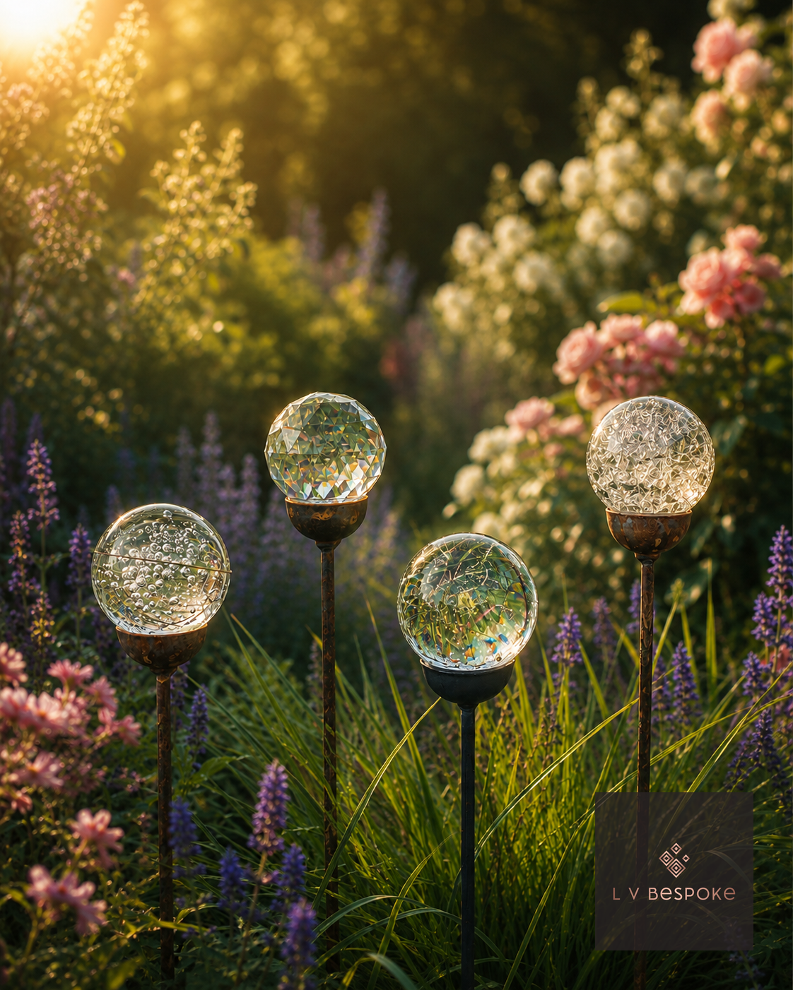 Mixed Finish Glass Orb Garden Stake - English Country Gardens
