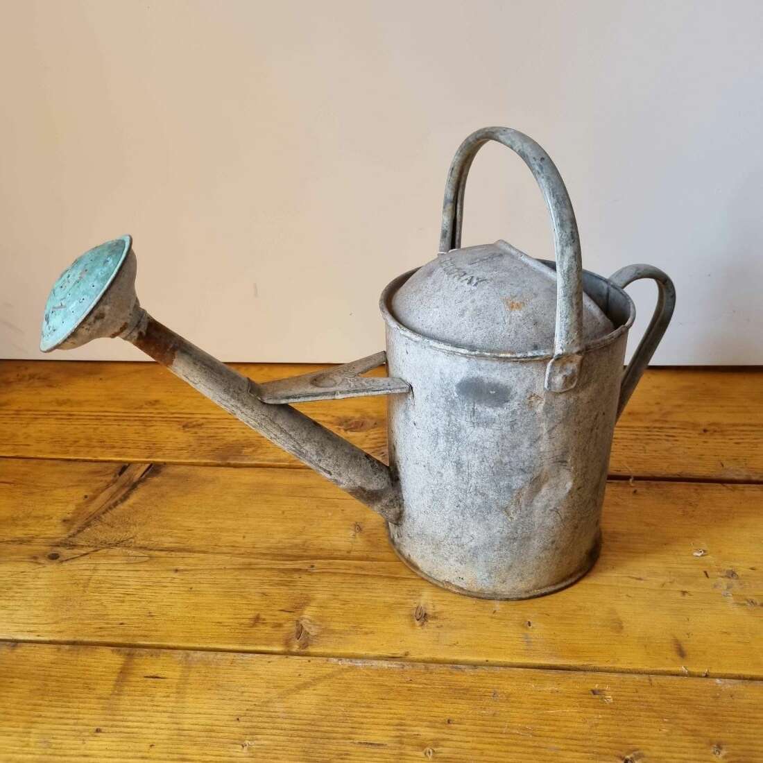 Vintage-style metal watering can on a wooden surface with a plain background