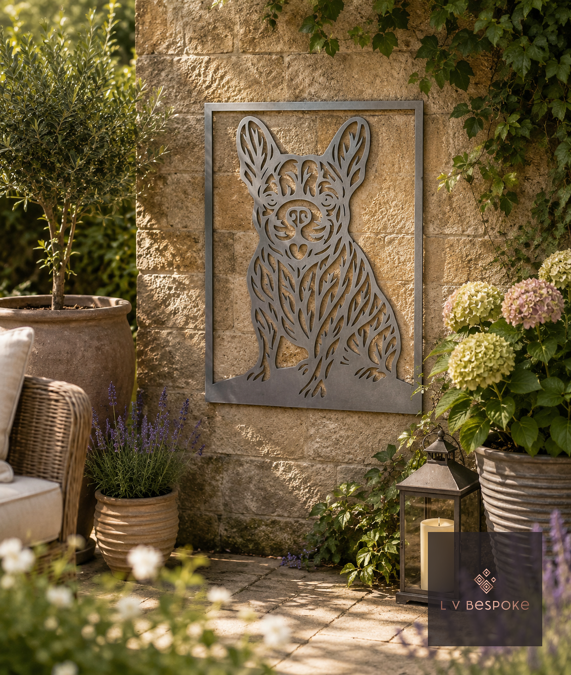 Cat and Dog Garden Wall Art French Bulldog (Framed) - English Country Gardens