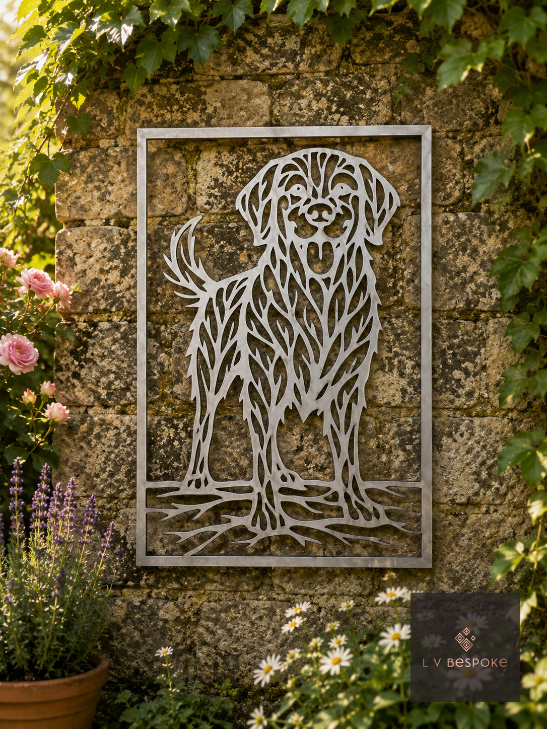 Cat and Dog Garden Wall Art Golden Retriever (Framed) - English Country Gardens