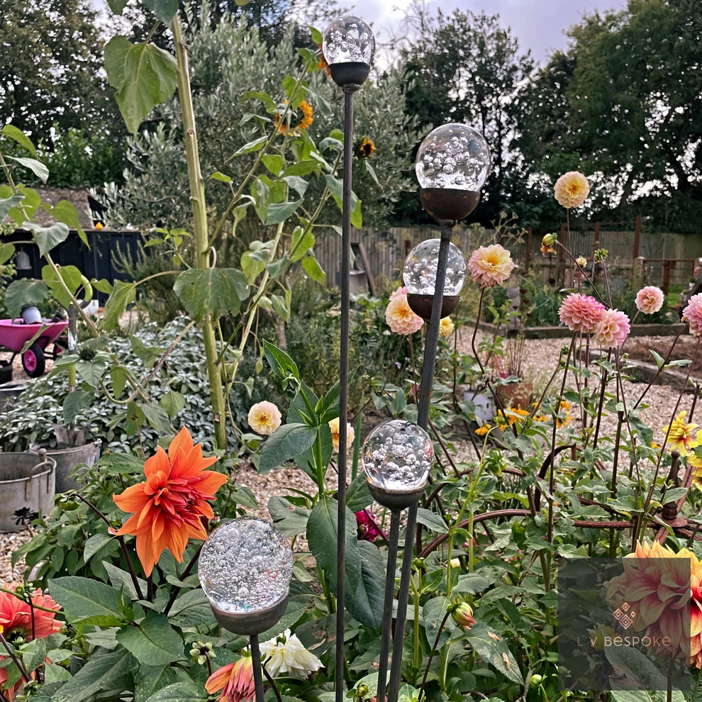 Cluster of 3 Glass Orb Garden Stakes Bubble - English Country Gardens