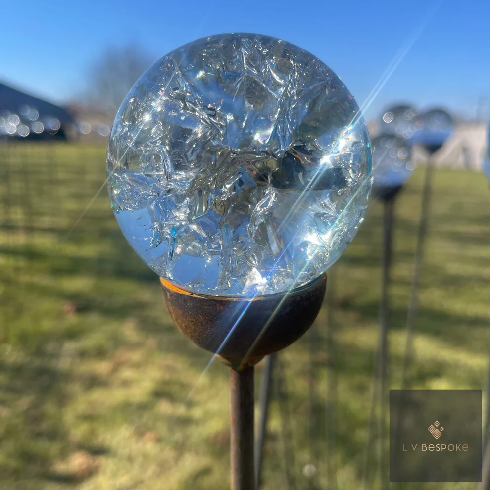 Cluster of 5 Glass Orb Garden Stakes Cracked - English Country Gardens