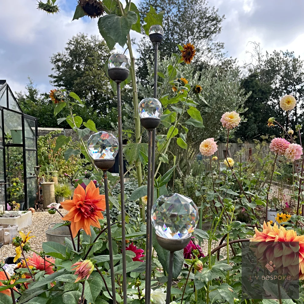 Cluster of 5 Glass Orb Garden Stakes Prism - English Country Gardens