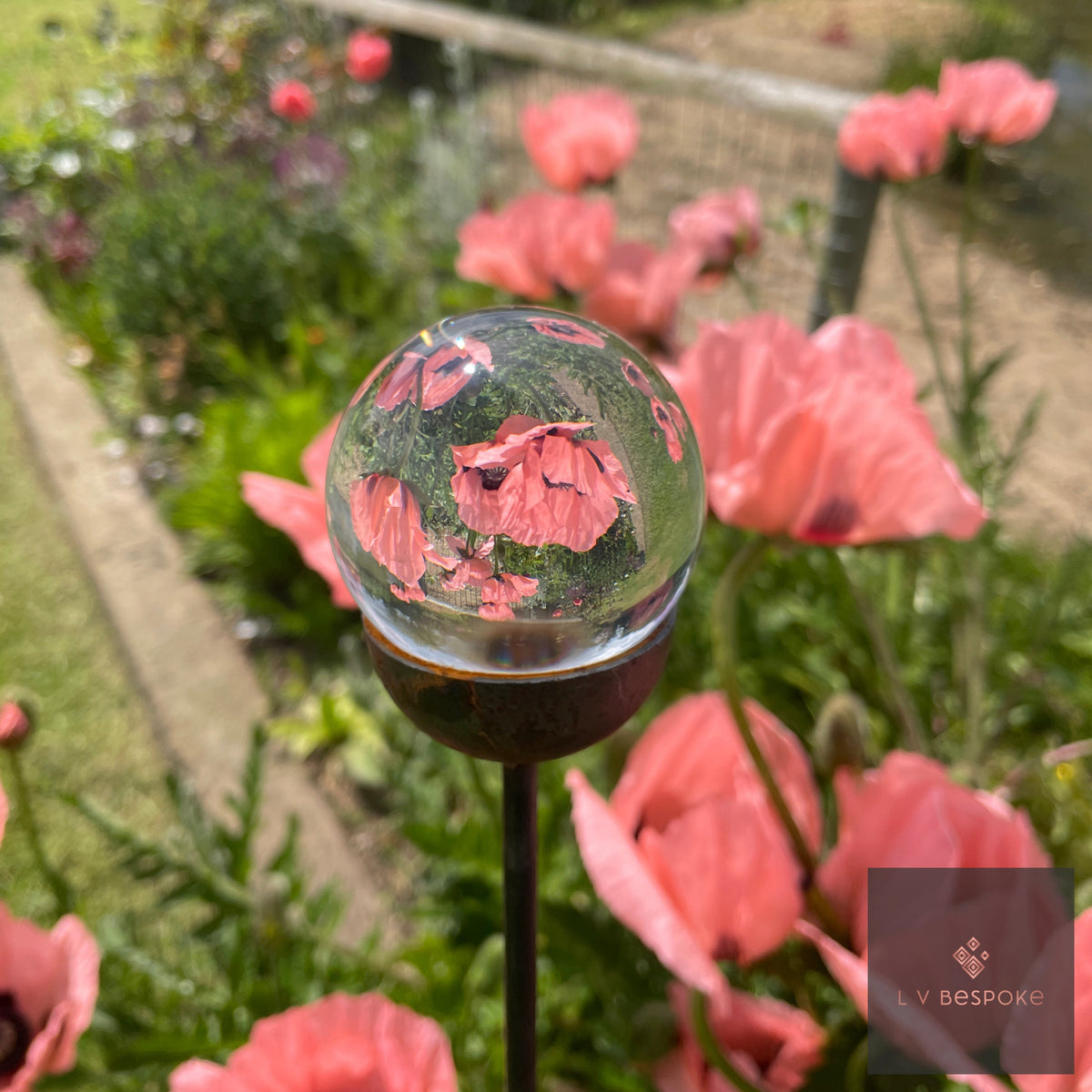 Mixed Finish Glass Orb Garden Stake - English Country Gardens