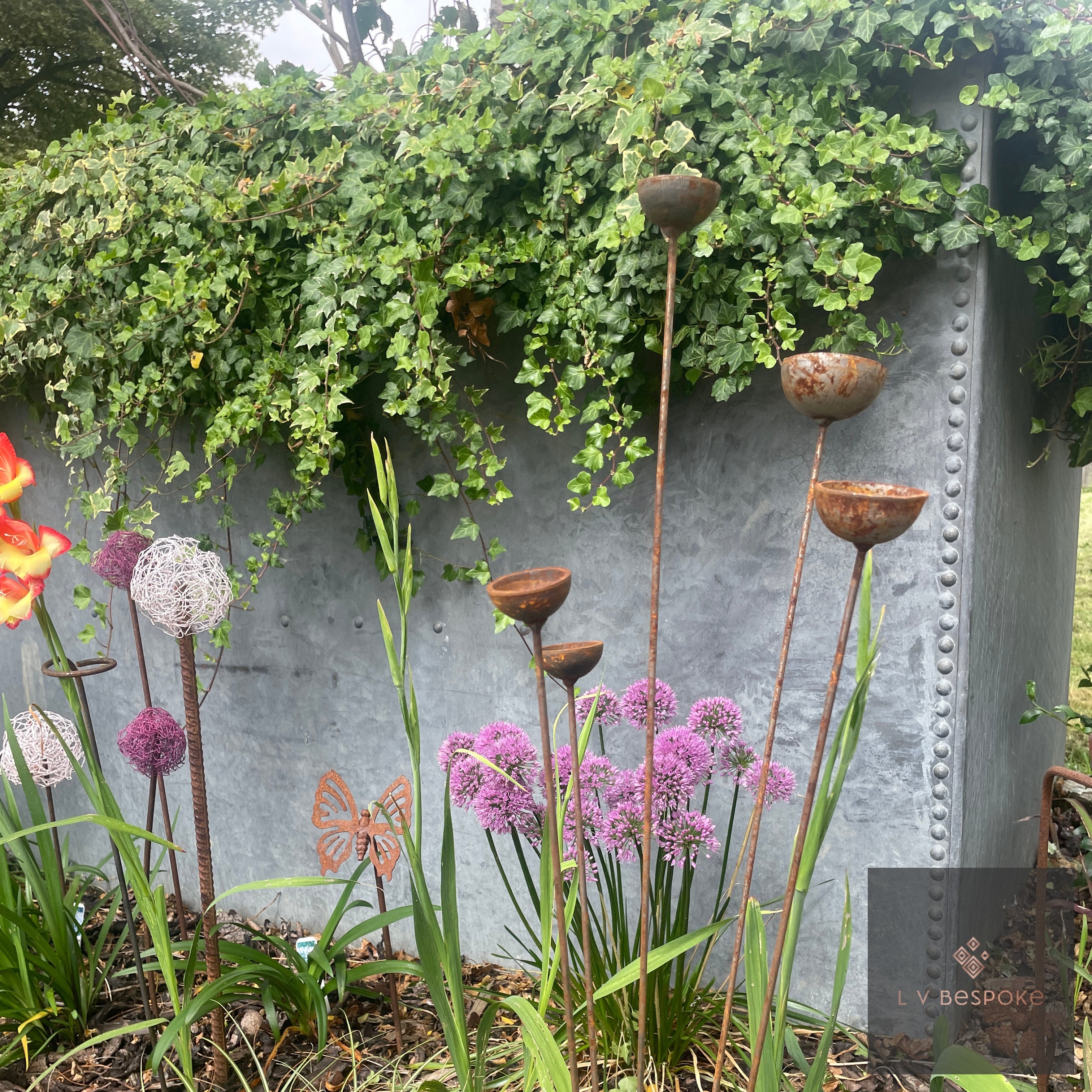Cluster of 5 Steel Cups or Balls | Garden Feature Sculpture - English Country Gardens