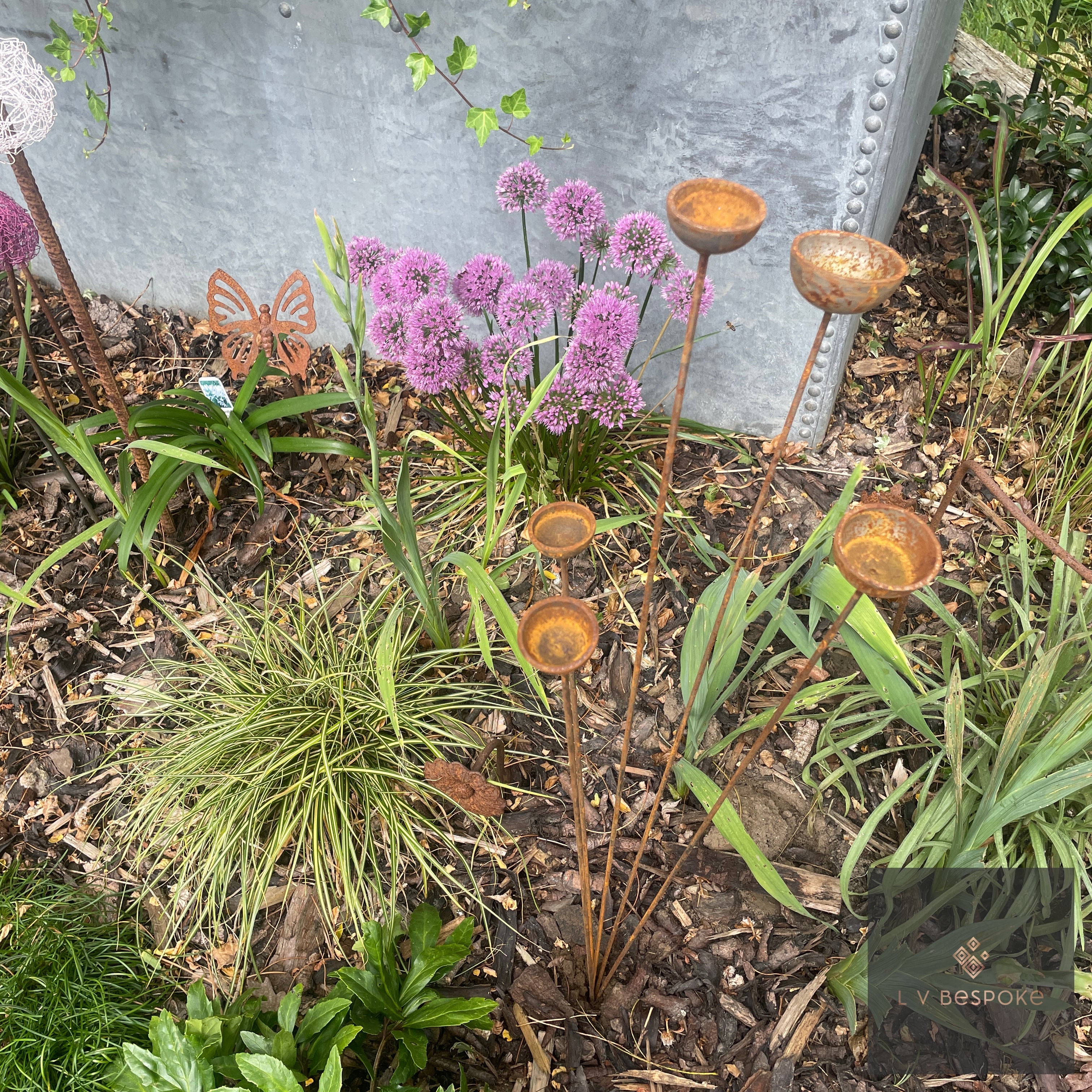 Cluster of 5 Steel Cups or Balls | Garden Feature Sculpture - English Country Gardens