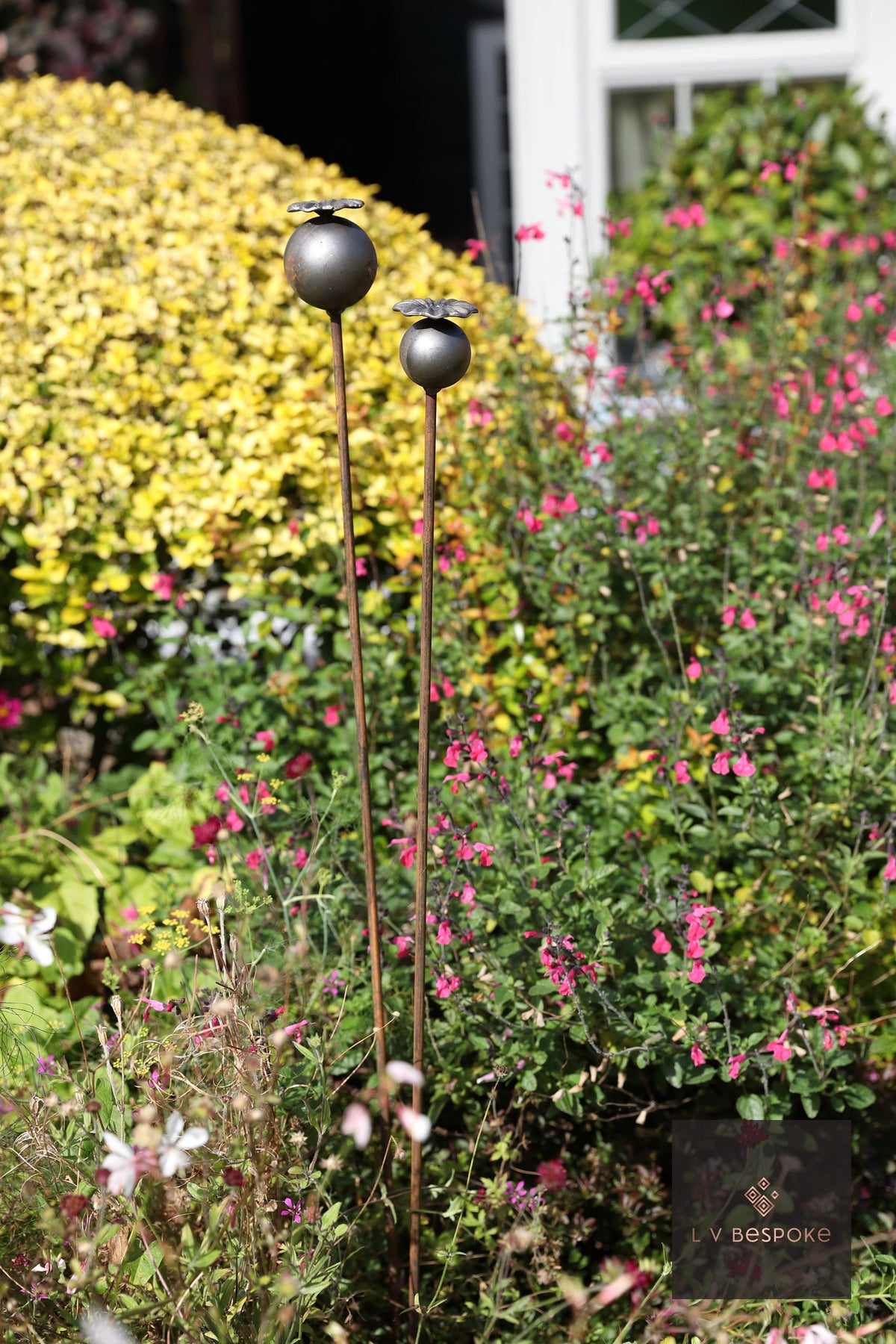 Short Mixed Floral Garden Stakes | Handcrafted Steel Large Poppy Head - English Country Gardens