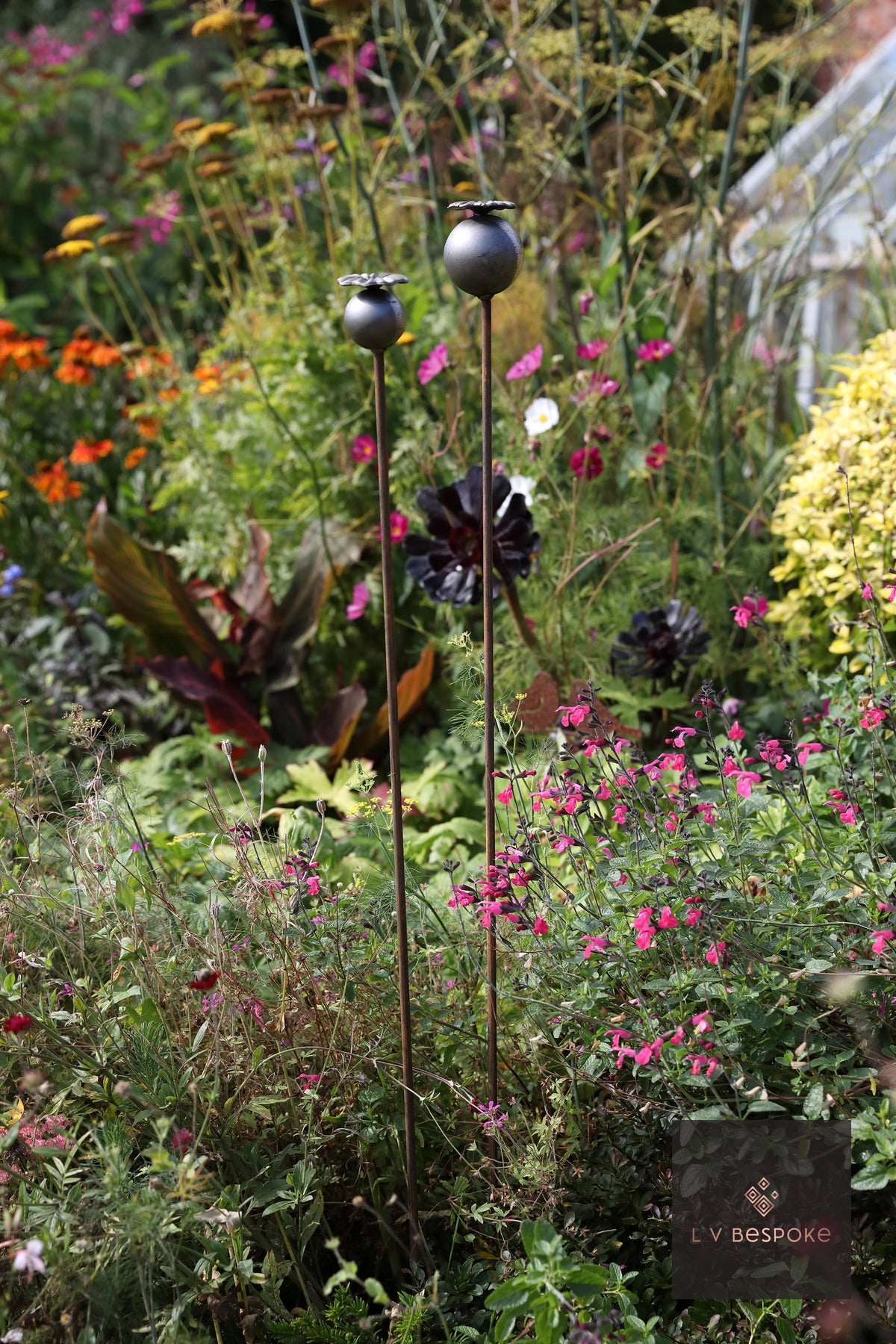 Tall Mixed Floral Garden Stakes | Handcrafted Steel Small Poppy Head - English Country Gardens