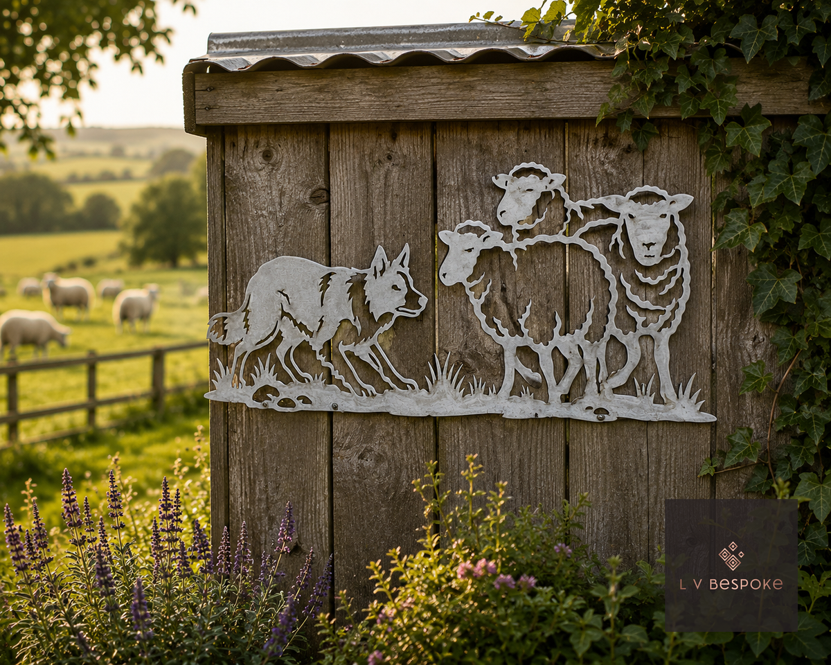 Farmyard Animal Garden Wall Art Sheepdog & Sheep (Fence Panel) - English Country Gardens