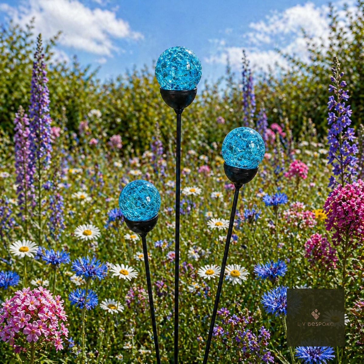Mixed Coloured Glass Orb Cluster of 3 Light Blue - English Country Gardens