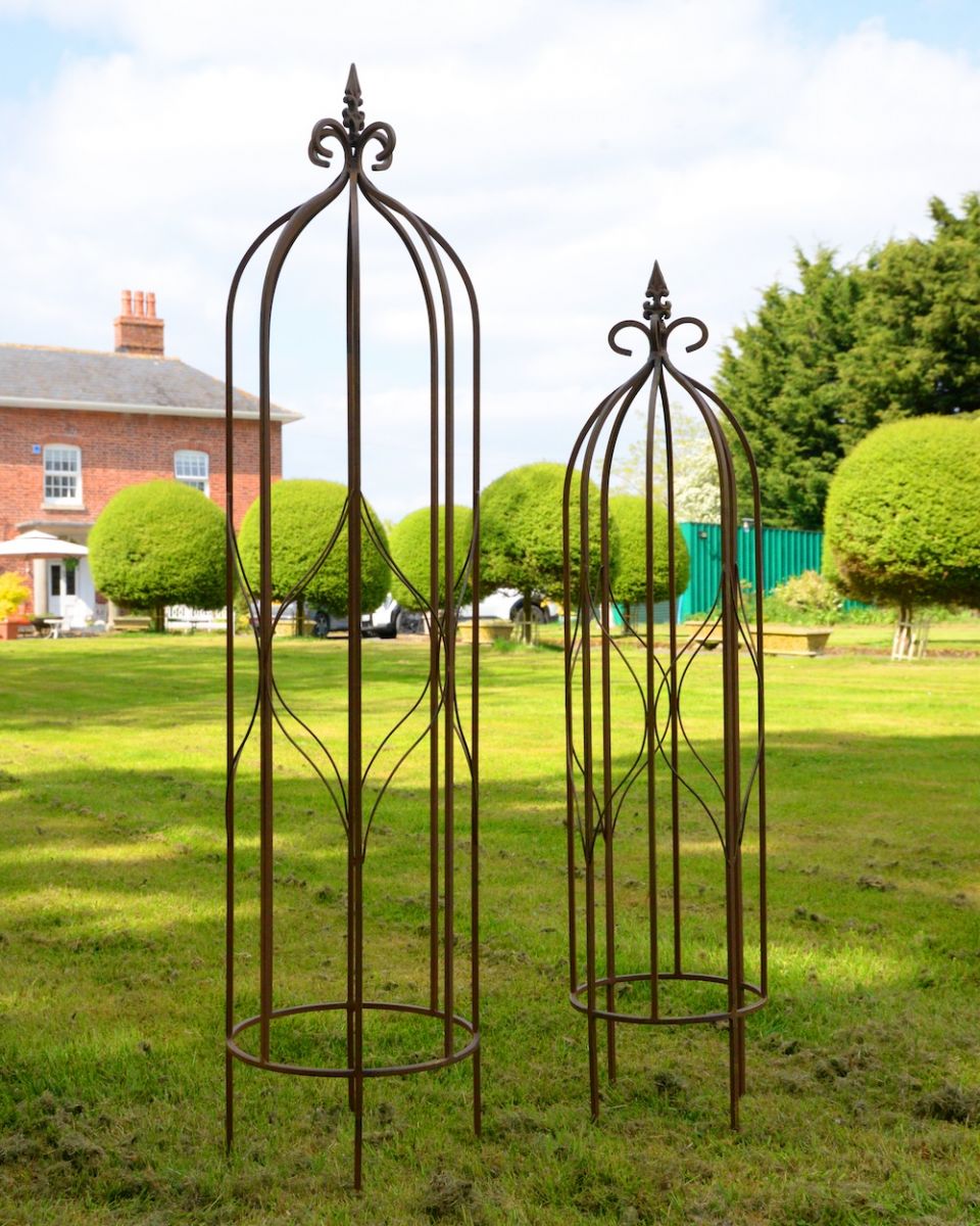 Set of Two Ornate Steel Garden Obelisks