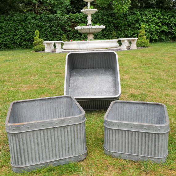 Vintage Style Metal Galvanised Square Dolly Tub- Set of 3