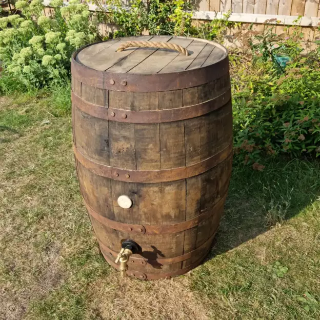 whole whisky barrel water butt with brass tap and removable handle