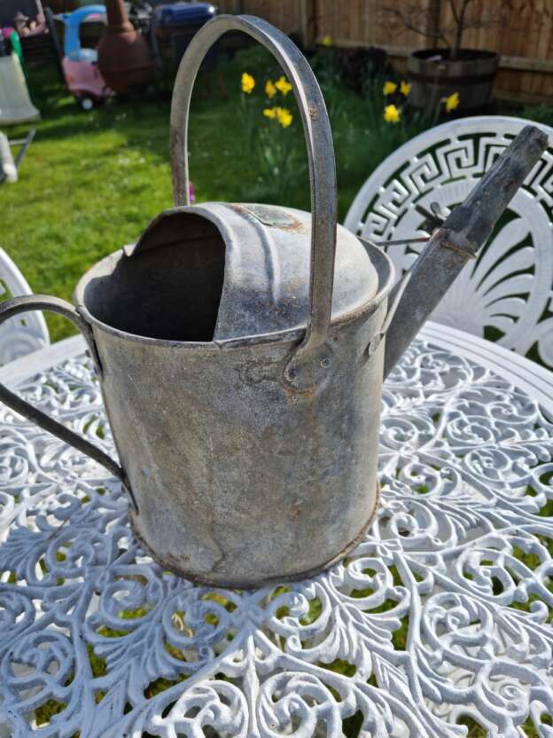 country garden watering can galvanised spout side